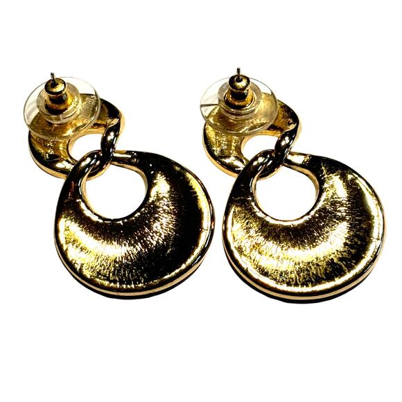 Y2K Pierced earrings mod black & creamy white enamel hoop dangles on goldtone - Picture 2 of 6